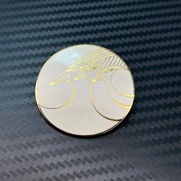 Celestial Birds Enamel Brooch Pin RARE Signed Laurel Burch Cream Gold Tone MCM - Picture 3 of 8